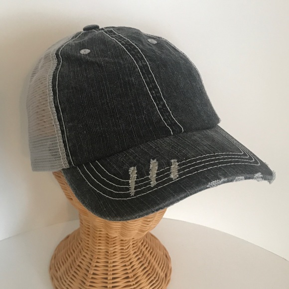 Distressed Canvas, Mesh Back Ponytail Hat Adjustable Black Grey New! - Picture 6 of 12